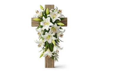Wooden cross adorned with cascading white lilies on a stark white background in a studio shot