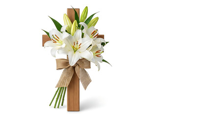 Wooden cross adorned with white lilies and a burlap bow on a clean white background in a studio shot