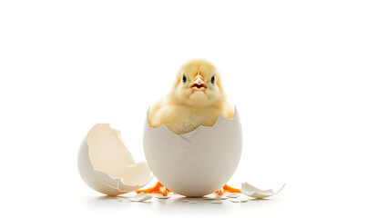 A yellow chick emerging from a cracked white eggshell on a bright white background in a studio shot