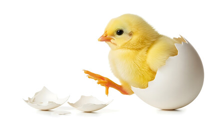A yellow chick emerging from a cracked white egg with shell fragments against a white background