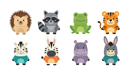 Fototapeta premium A collection of eight adorable and stylized cartoon animals, including a hedgehog, raccoon, frog, tiger, zebra, hippopotamus, and donkey, are displayed against a white background, each with a unique