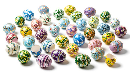 Assortment of easter eggs with various painted designs displayed on a white surface in a studio shot