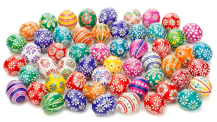Collection of brightly colored easter eggs with floral and striped designs on a white background