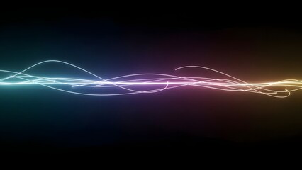 Dynamic abstract light trails forming a vibrant spectrum across a dark void, symbolizing digital connectivity, energy flow, and technological advancement in a futuristic motion graphic background.