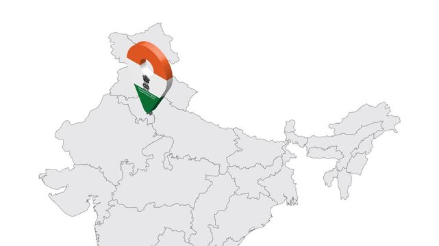 Location Delhi on map India. 3d Delhi emblem map marker location pin. Map of India showing different parts. 4K. National Capital Territory of Delhi.  Animated Video