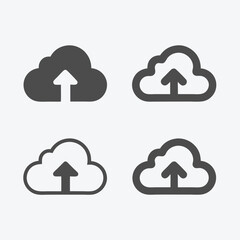 Four Grey Cloud Icons with Upward Arrows on White Background; Minimalist Style