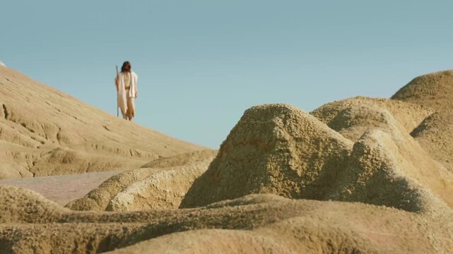 Solitary figure of Christ in traditional clothing descending along a dry and eroded valley surrounded by dramatic desert mounds. Wild environment, symbolizing endurance, faith and personal quest.