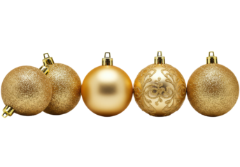 five detailed golden christmas baubles showing varied textures (glitter, faceted, baroque) isolated on a transparent background with copy space. concept of commercial holiday luxury