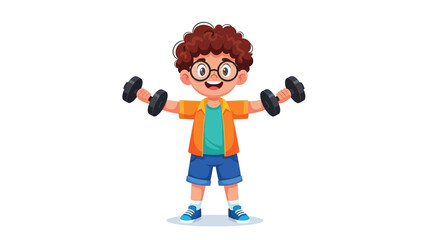 A young boy with glasses and curly hair happily lifts dumbbells, demonstrating a commitment to physical fitness and healthy lifestyle habits from an early age.