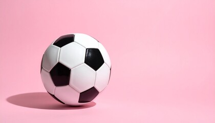 "Classic black and white soccer ball on smooth pink surface with pink background."