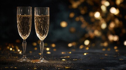 Two elegant champagne glasses glow warmly with sparkling bubbles against a golden festive bokeh background