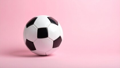 "Classic black and white soccer ball on smooth pink surface with pink background."