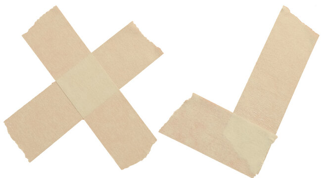 Set of beige masking tape pieces shaped into a checkmark and cross symbol with rough torn edges, offering a handmade craft look for approval icons, correction marks, and collage design elements.