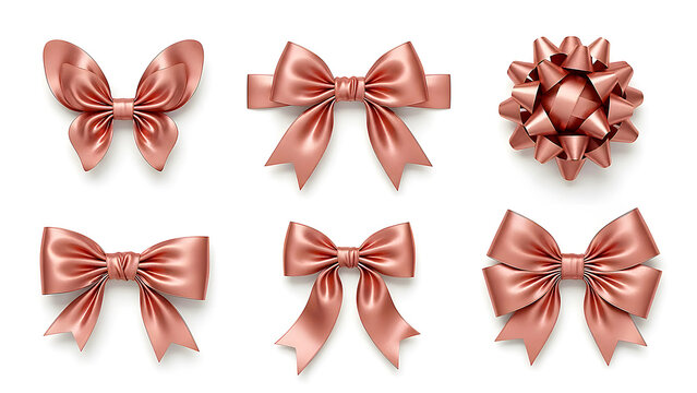 Elegant collection of various rose gold satin bows and ribbons, perfect for festive decorations, gifts, and celebratory events on a pristine white background