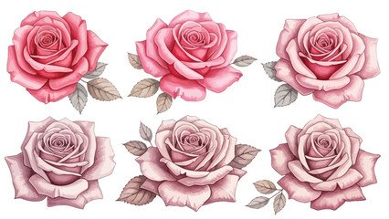 A collection of six watercolor illustrations of pink and red roses with delicate leaves and stems, depicted from various angles on a white background.