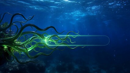 Vibrant glowing green bio-organic structure pulses energy underwater creating a futuristic display background