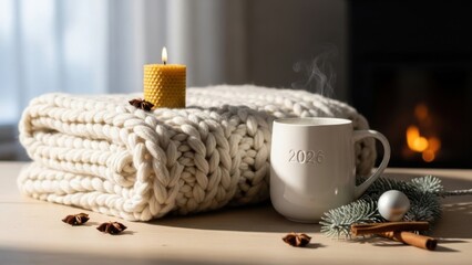 Cozy Home Ambiance: A soothing composition of a warm cup of coffee, and a candle on a blanket, evokes feelings of warmth and comfort, perfectly portraying the essence of cozy living.