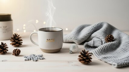 Cozy Winter Morning Still Life: The image exudes warmth, featuring a steaming cup of coffee beside a soft, textured scarf and pine cones, creating an inviting, tranquil ambiance.