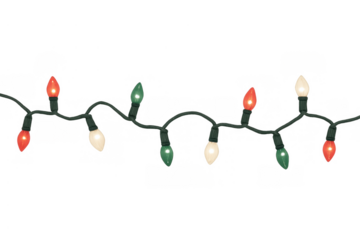 Christmas string lights illuminating, a festive holiday garland decoration with red, green, and warm white bulbs