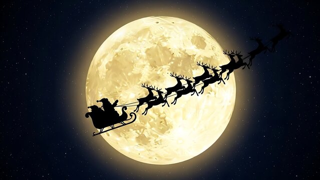 Santa Claus and Reindeer Sleigh Flying Across Full Moon at Night