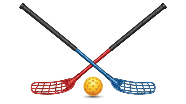 Two crossed floorball sticks, one red and one blue, are positioned with a yellow ball in the center, symbolizing the sport.