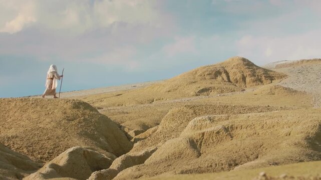 Jesus, dressed in traditional white robes, explores an austere and sculptural desert environment. The earthy tones of the natural formations evoke a sense of temptation. Spiritual concept
