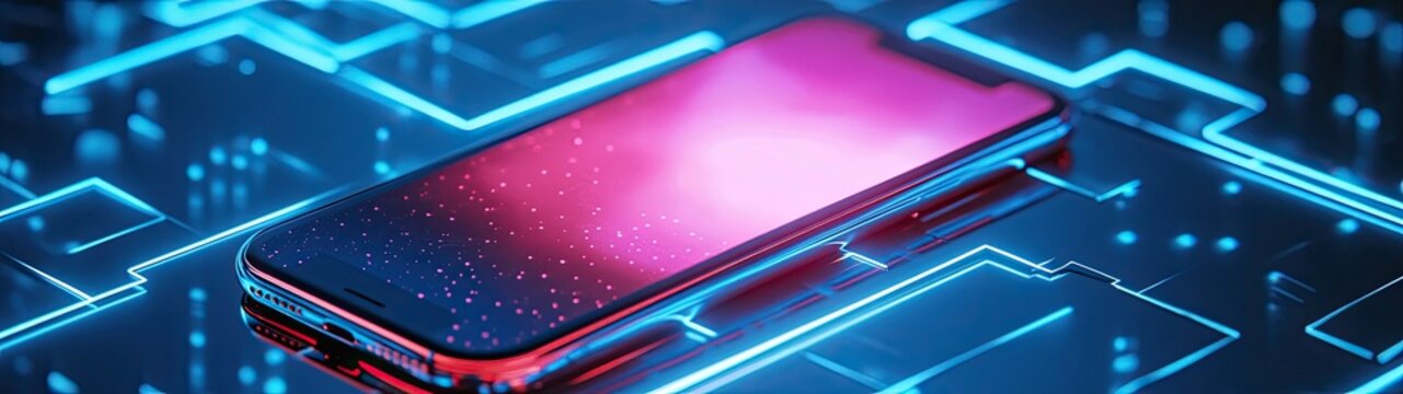 Smartphone Glowing with Pink and Blue Light on Futuristic Circuit Board Background