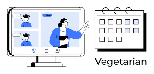 Teacher and students in virtual classroom video call on monitor, calendar icon for schedule management. Ideal for online classes, remote work, e-learning, time management, planning, teaching, digital