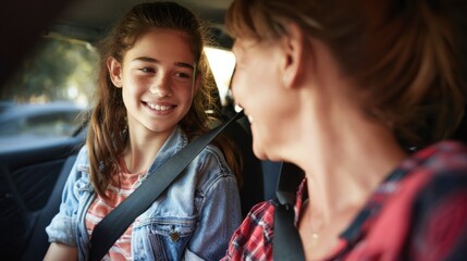Young Mother Secures Her Daughter With a Seat Belt in a Car During a Ride, Highlighting the Importance of Road Safety and Protection for Passengers