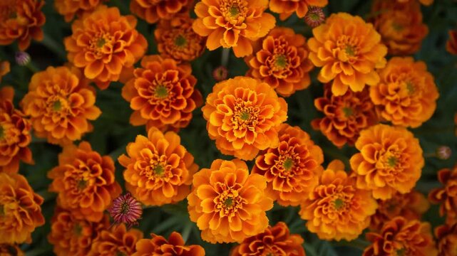 A breathtaking array of richly hued orange petals densely packed, forming a vivid and cheerful botanical background, perfect for nature and garden themes