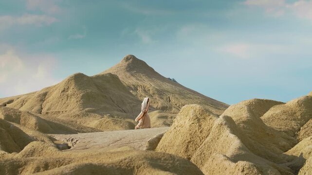 Extreme Long Shot of the figure of Christ walking through the sunny hills and valleys of an isolated desert. Evocative landscape conveying contemplation and inner journey. Christian concept