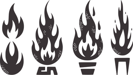Four stylized dark gray fire icons on white background