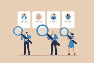 Recruitment process illustration with people examining candidate profiles