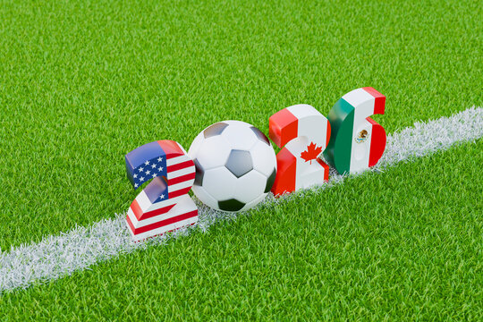 Soccer events in North America in 2026 concept. A soccer ball between the digits 2_26 on green grass with a chalk line. The digits colored in American, Mexican, Canadian flags.