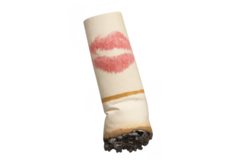 Cigarette butt showing a red lipstick kiss, symbolizing smoking addiction, unhealthy habits, and a discarded vice on transparent background