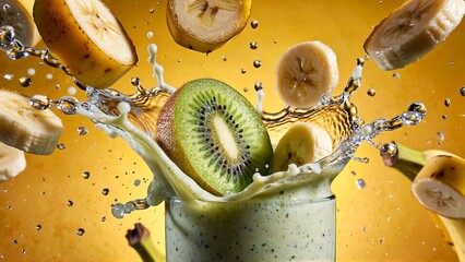 Vibrant kiwi and banana smoothie splash captures dynamic energy for healthy refreshment advertising