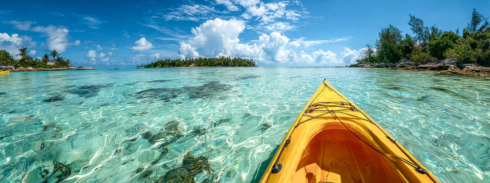 Yellow kayak exploring crystal clear tropical waters in french polynesia