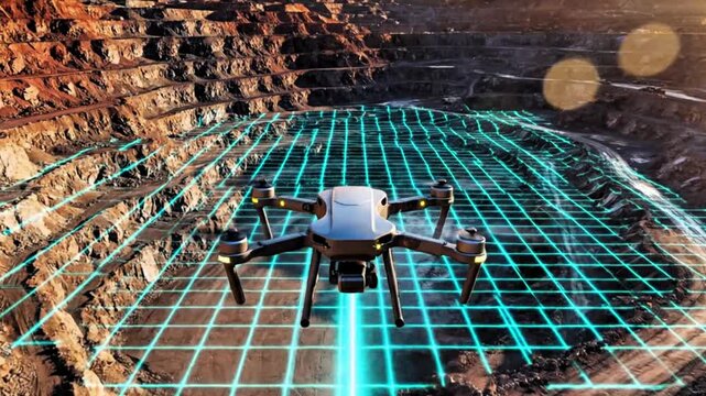 Video, drone illustration at a mining site with area scanning effects, Drone (UAV) with LiDAR or photogrammetry,
