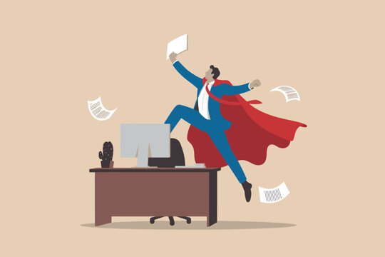 Businessman superhero leaping over desk with documents flying around him