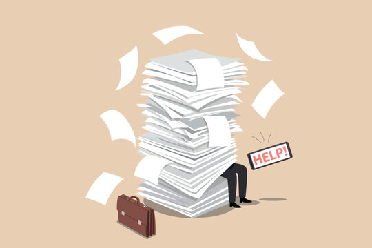 Overwhelmed by paperwork, businessman buried in documents asks for help