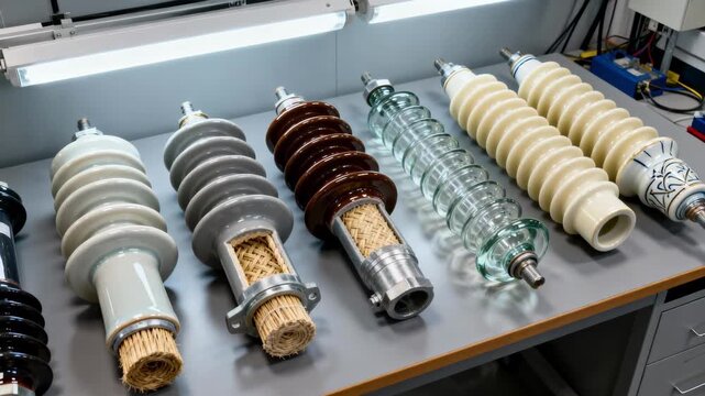 Industrial setting focusing on a variety of insulator materials arranged for comparative study emphasizing design differences and material benefits in energy infrastructure.