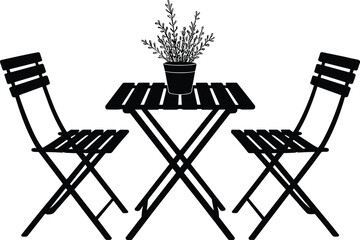 Outdoor bistro furniture silhouette vector with folding table, chairs, and potted plant for patio, garden, and caf&eacute; designs