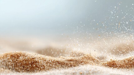 Sunlight catches the fine dust and sand particles rising above a soft beach surface. This moment captures the essence of a sunny day by the shore evoking feelings of warmth and tranquility.