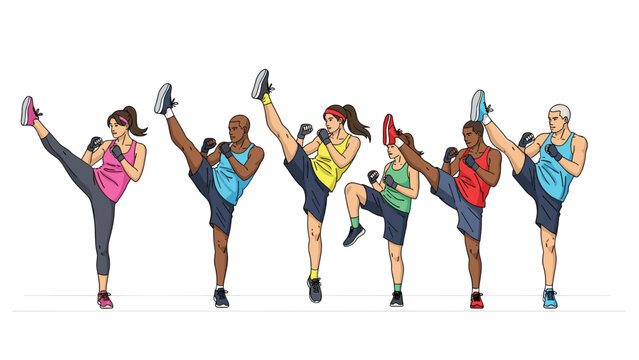 Diverse group enthusiastically performs high kicks during energetic martial arts fitness class together