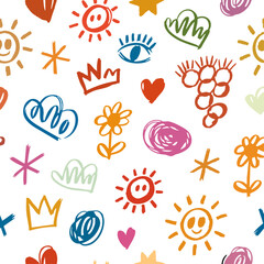 Obraz premium A playful, colorful pattern of childlike drawings—suns, hearts, flowers, crowns—scattered across a bright white background, evoking a cheerful, whimsical mood. 