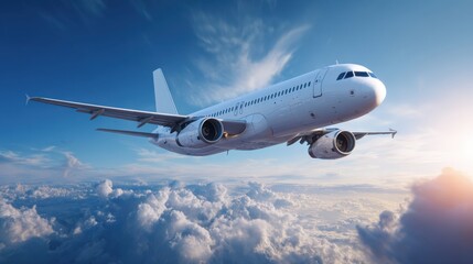 Obraz premium A white airplane soars through the sky gliding over fluffy clouds as the sun sets casting warm hues across the horizon creating a serene travel atmosphere.