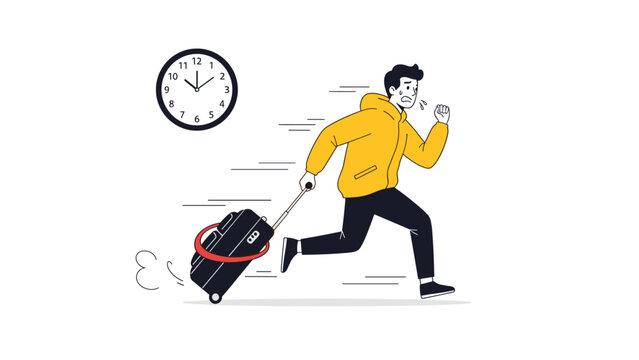 Stressed traveler rushing with suitcase against the clock for a crucial flight or appointment