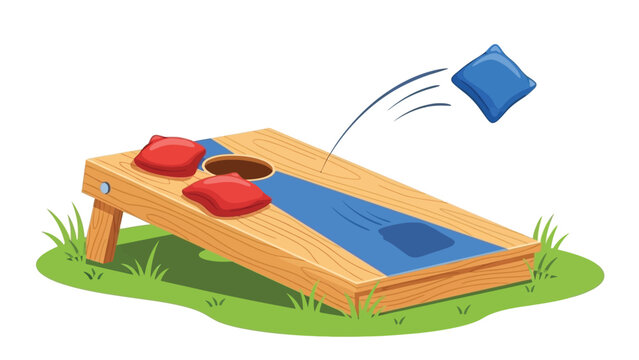 A wooden cornhole board sits on green grass with red and blue beanbags, one blue beanbag is in mid-air flying towards the hole.