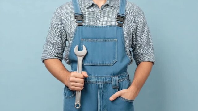 Skilled Tradesperson Holding Adjustable Wrench Wearing Blue Denim Overalls in Studio Setting 4k video footage