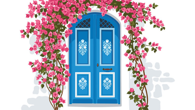 Stunning vibrant blue Greek door framed by cascading bright pink bougainvillea flowers on white wall